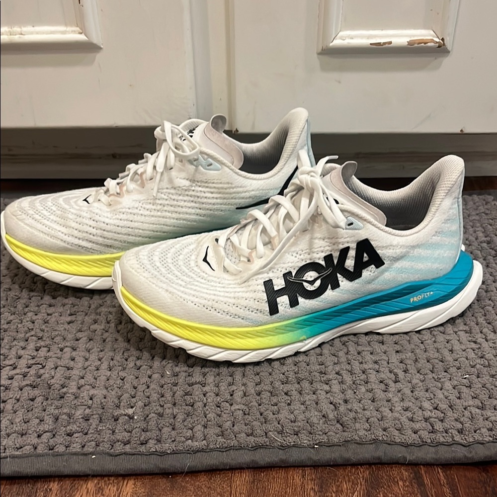 Hoka White and Aqua Running Shoes